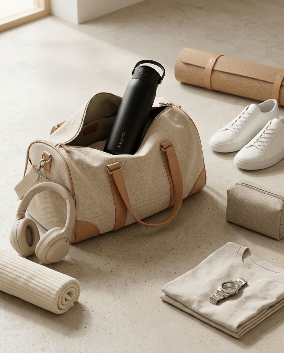 Black BALONCE CADENCE bottle in a neutral canvas gym duffel with headphones, cork mat and trainers